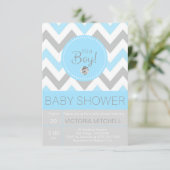 Cute 'It's a Boy' Blue/Grey Chevron Baby shower Kaart (Staand voorkant)