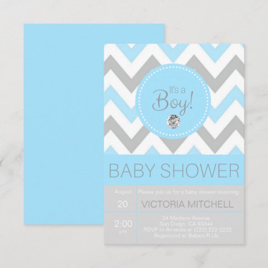 Cute 'It's a Boy' Blue/Grey Chevron Baby shower Kaart (Voorkant / Achterkant)