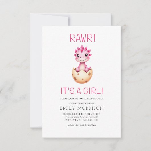 Cute It's a Girl Cute Dinosaur Baby Shower Kaart (Voorkant)