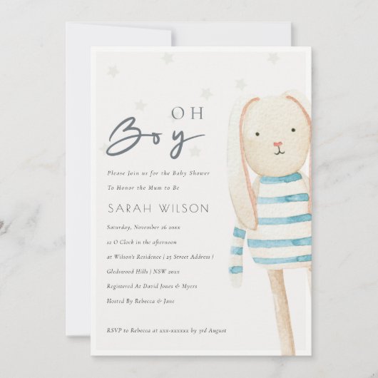 Cute Ivory Blue Bunny Oh Boy Baby shower Invite Bedankkaart (Voorkant)