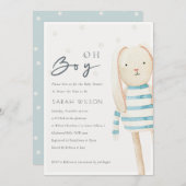 Cute Ivory Blue Bunny Oh Boy Baby shower Invite Bedankkaart (Voorkant / Achterkant)