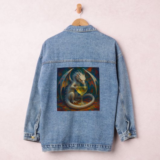 Cute Ivory Dragon & White Wine Fantasy Art Denim Jacket (Hangar)