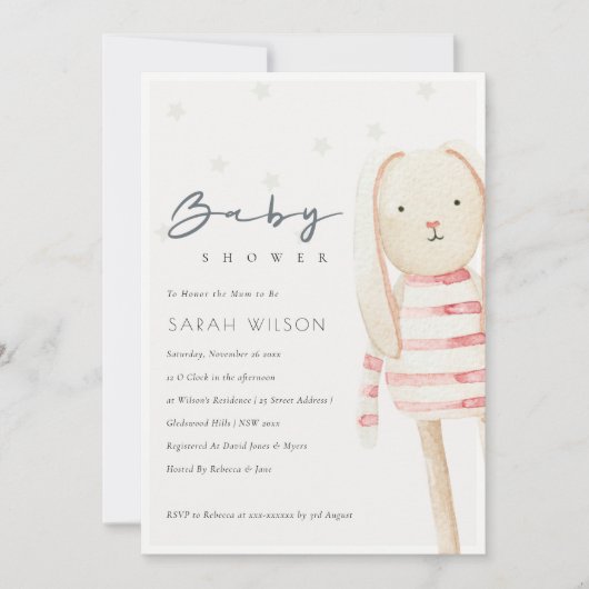 Cute Ivory Pink Bunny Soft Speelgoed Baby shower U Bedankkaart (Voorkant)