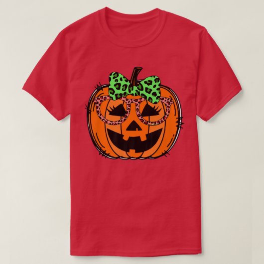 Cute Jack O Lantern Pumpkin Leopard Glasses & Bow T-shirt (Design voorkant)