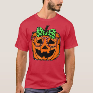Cute Jack O Lantern Pumpkin Leopard Glasses & Bow T-shirt