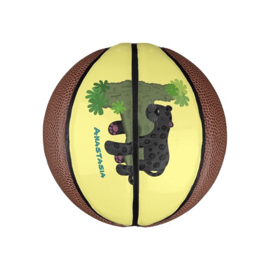 Cute jaguar black panther cat cartoon illustratie basketbal (Verticaal)