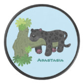 Cute jaguar black panther cat cartoon illustratie hockey puck (Voorkant)