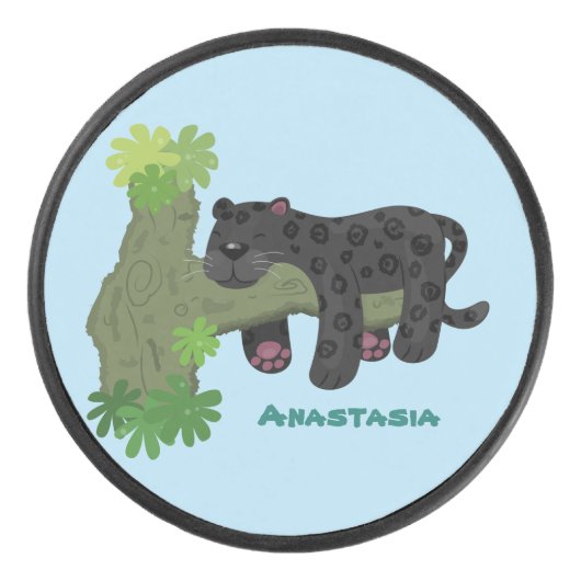 Cute jaguar black panther cat cartoon illustratie hockey puck (Voorkant)