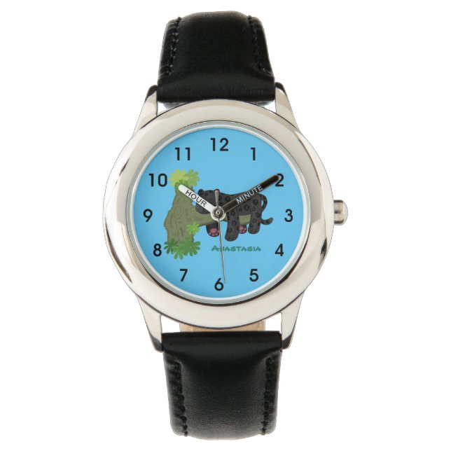 Cute jaguar black panther cat cartoon illustratie horloge (Voorkant)