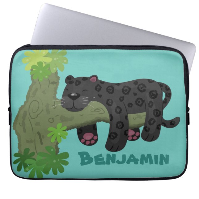 Cute jaguar black panther cat cartoon illustratie laptop sleeve (Voorkant)