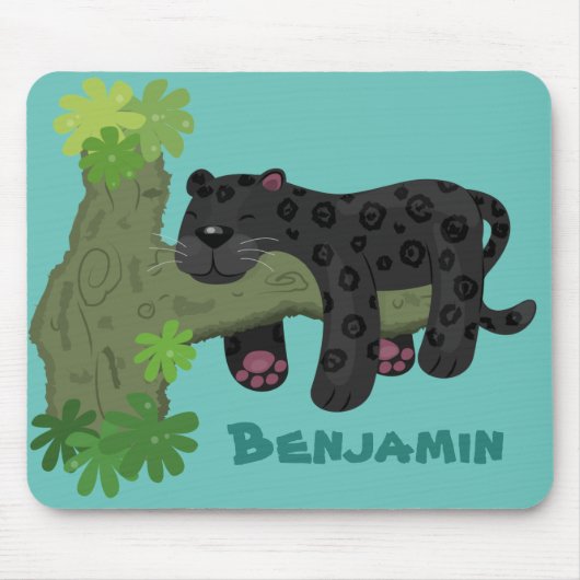Cute jaguar black panther cat cartoon illustratie muismat (Voorkant)