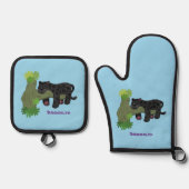 Cute jaguar black panther cat cartoon illustratie ovenwant & pannenlap set (Voorkant)