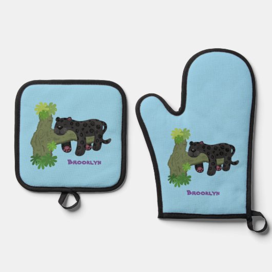 Cute jaguar black panther cat cartoon illustratie ovenwant & pannenlap set (Voorkant)