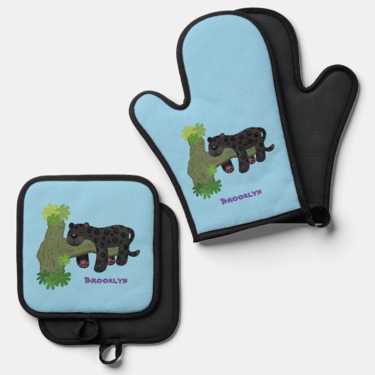 Cute jaguar black panther cat cartoon illustratie ovenwant & pannenlap set (Voorkant / Achterkant)