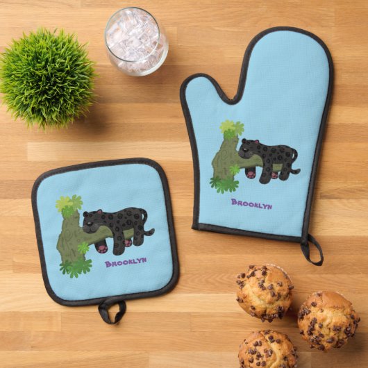 Cute jaguar black panther cat cartoon illustratie ovenwant & pannenlap set (Top down)