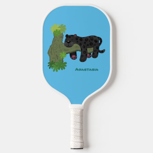 Cute jaguar black panther cat cartoon illustratie pickleball paddle (Voorkant)