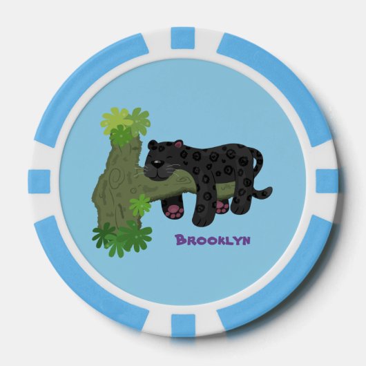 Cute jaguar black panther cat cartoon illustratie poker chips (Voorkant)