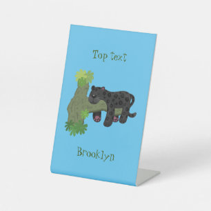Cute jaguar black panther cat cartoon illustratie reclamebord met voetstuk