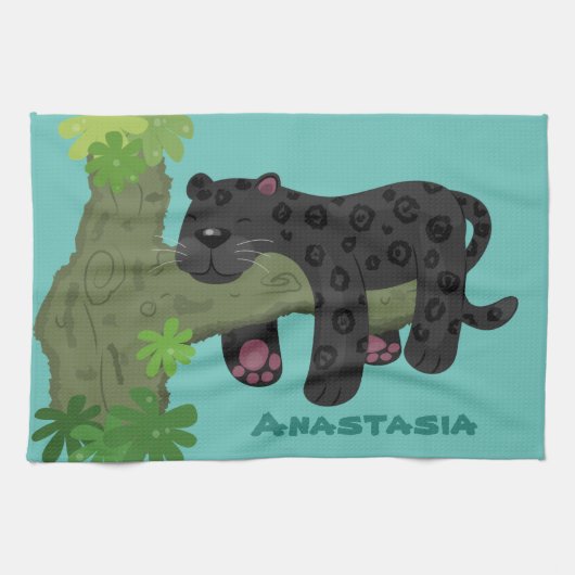 Cute jaguar black panther cat cartoon illustratie theedoek (Horizontaal)