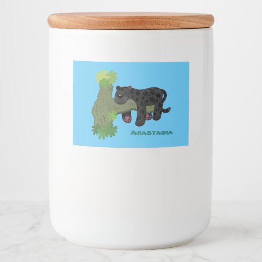 Cute jaguar black panther cat cartoon illustratie voedselcontainer etiket (Voorkant)