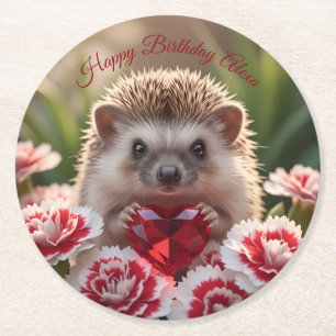 Cute januari egel met granaat hart ronde kartonnen onderzetter