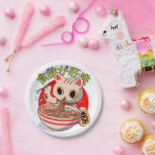 Cute Japanese Cat Eating Noodles with Chopsticks Papieren Bordje (Feest)