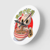 Cute Japanese Cat Eating Noodles with Chopsticks Ronde Klok (Hoek)