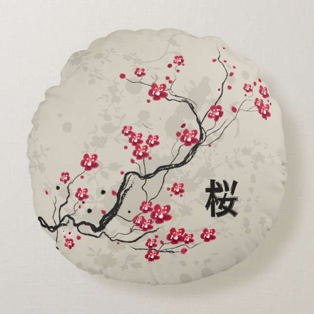 Cute japanese geïnspireerde sakura cherry blossom rond kussen (Voorkant)