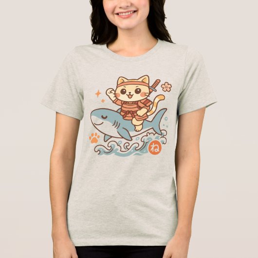  Cute Japanese Kawaii Samurai Cat Riding Shark Tri-Blend Shirt (Voorkant)