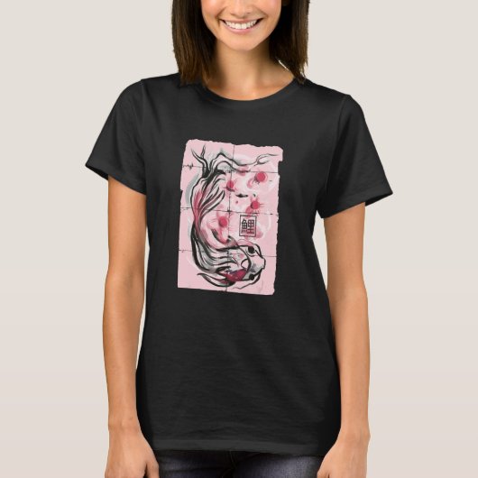 Cute Japanese Koi Fish Ink Print With Cherry Bloss T-shirt (Voorkant)