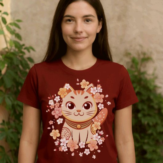 Cute Japanese Neko Cat with Cherry Blossoms T-shirt