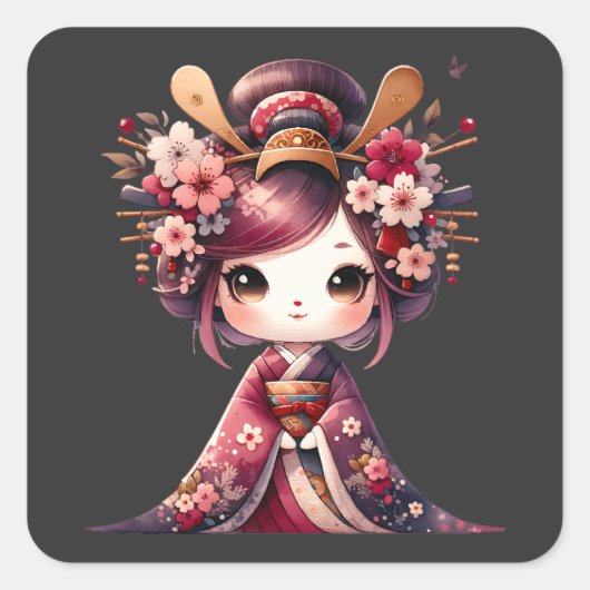 Cute Japanse Geisha Vierkante Sticker (Voorkant)
