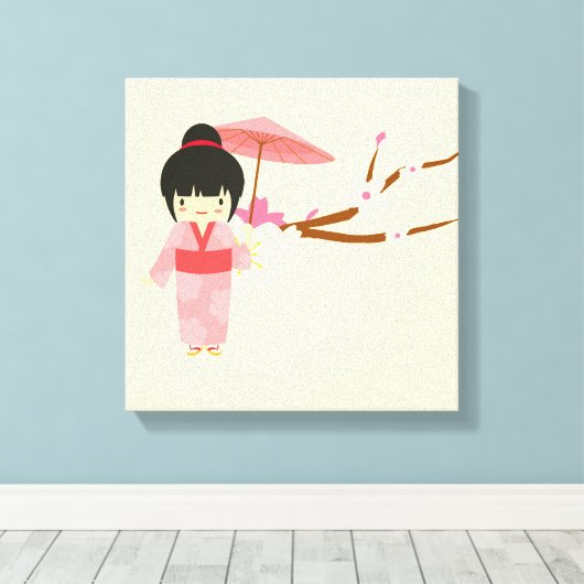Cute Japanse roze Cherry Blossom Geisha Canvas Afdruk (Insitu (Houten vloer))