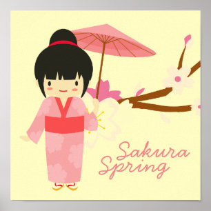 Cute Japanse roze Cherry Blossom Geisha Poster