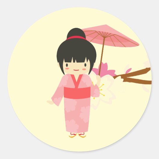 Cute Japanse roze Cherry Blossom Geisha Ronde Sticker (Voorkant)