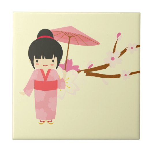 Cute Japanse roze Cherry Blossom Geisha Tegeltje (Voorkant)
