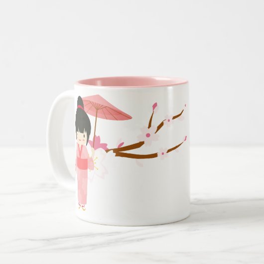 Cute Japanse roze Cherry Blossom Geisha Tweekleurige Koffiemok (Voorkant links)