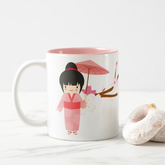 Cute Japanse roze Cherry Blossom Geisha Tweekleurige Koffiemok (Met donut)
