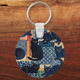 Cute Japanse Zwarte Katten Patchwork Sleutelhanger