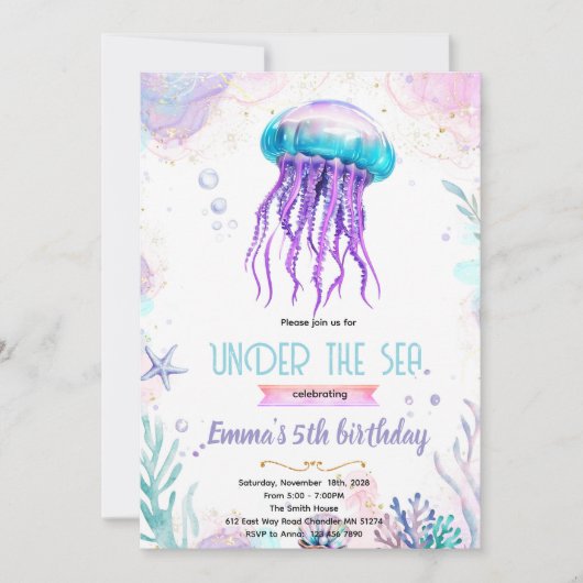 Cute jellyfish party theme invitation kaart (Voorkant)