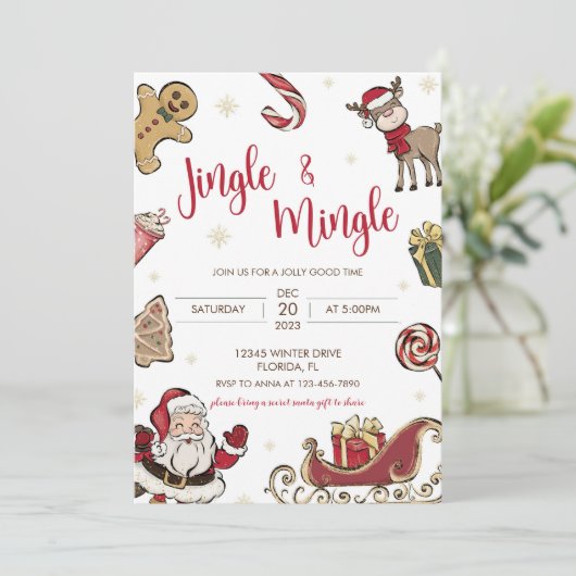 Cute Jingle & Mingle Kerstparty Uitnodiging (Staand voorkant)