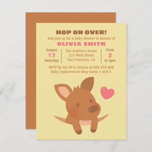 Cute Joey Kangaroo Baby shower Party Invitations Kaart (Voorkant / Achterkant)