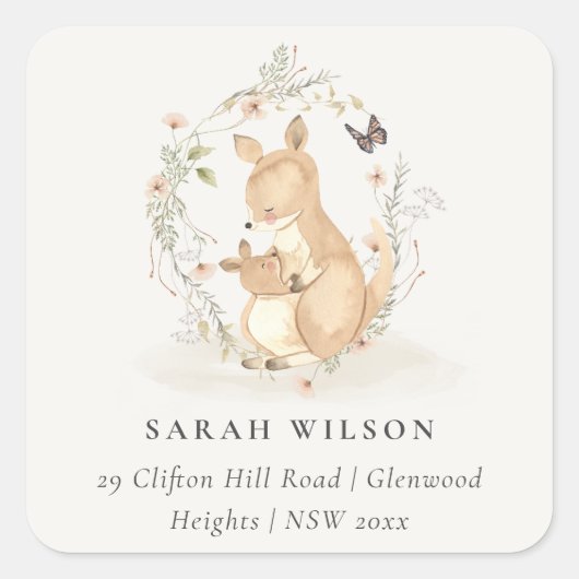 Cute Joey Mama Kangaroo Floral Wreataddress Vierkante Sticker (Voorkant)