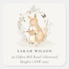 Cute Joey Mama Kangaroo Floral Wreataddress Vierkante Sticker