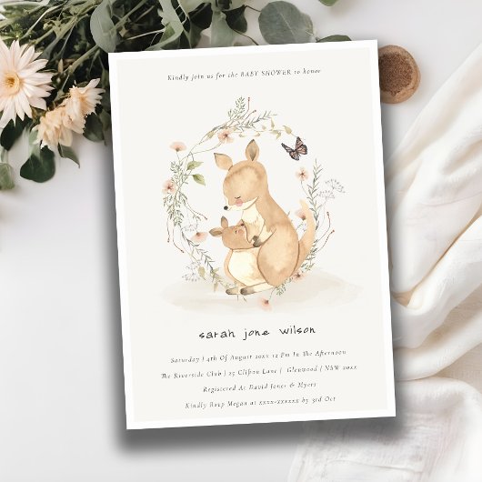 Cute Joey Mama Kangaroo Floral Wreath Baby shower Kaart