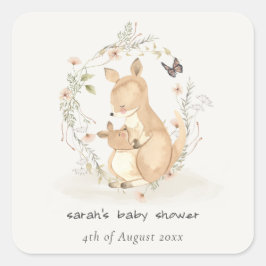 Cute Joey Mama Kangaroo Floral Wreath Baby shower Vierkante Sticker