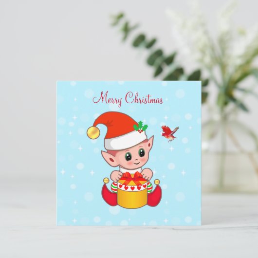 Cute Jolly-kerstelf en kardinaalvogel (Staand voorkant)