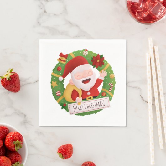 Cute Jolly Santa Claus Xmas Wreatparty Napkins Servet (Insitu)