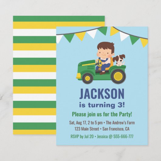 Cute Jongen en Hond Op Tractor Verjaardagsfeestje Kaart (Voorkant / Achterkant)