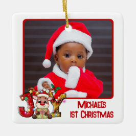 Cute Joy Reindeer 2 Foto Baby's 1 Kerstmis Keramisch Ornament